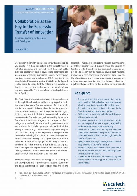 Cover of the publication "Collaboration as the Key to the Succesful Transfer of Innovation"