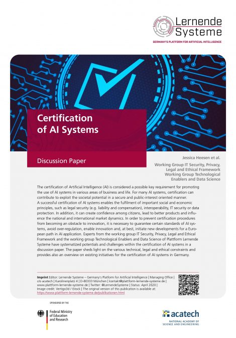 Cover of the publication "Certification of AI Systems"