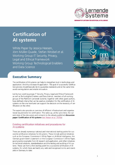 Cover of the publication "Certification of AI systems"