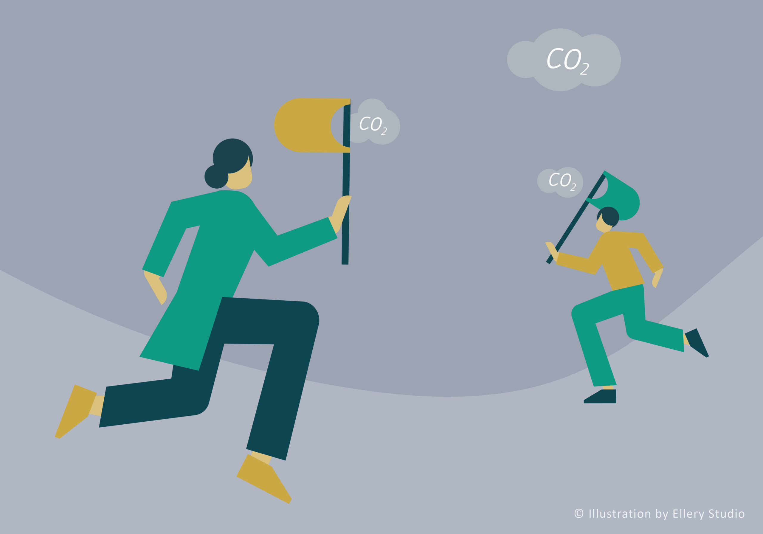 Graphic with two people running with two flags that say "CO2"