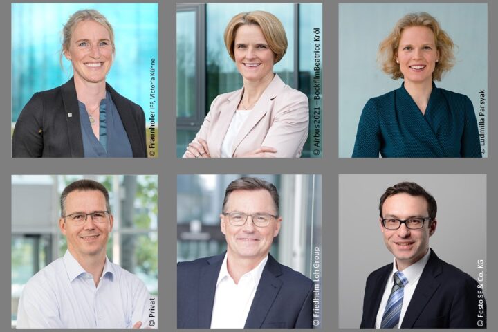 Julia C. Arlinghaus (Fraunhofer Institute for Factory Operation and Automation IFF), Nicole Dreyer-Langlet (Airbus Operations GmbH), Katharina Hölzle (Institute of Human Factors and Technology Management IAT at the University of Stuttgart and of the Fraunhofer Institute for Industrial Engineering IAO) [top row, left to right], Daniel Hug (Bosch Research), Dieter Meuser (German Edge Cloud GmbH & Co. KG), Björn Sautter (Festo SE & Co. KG) [bottom row, left to right] have joined the Industrie 4.0 Research Council with immediate effect.
