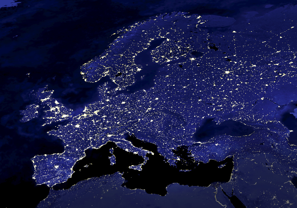 Image symbolising the collaboration between the academies on energy and mobility; map of Europe by night