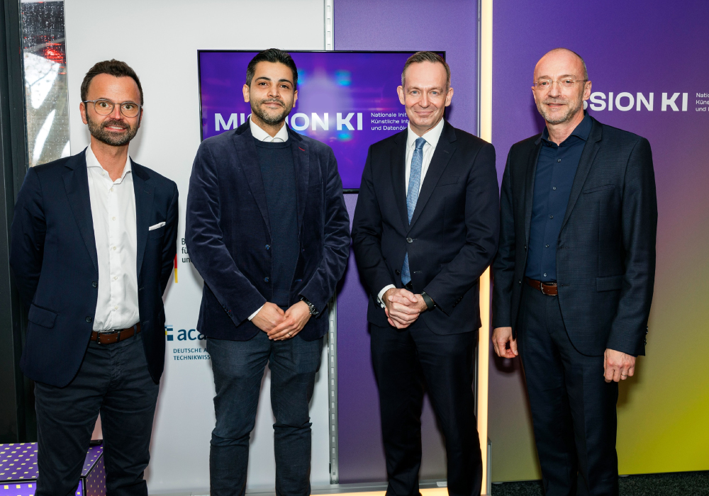 (Left to right:) Hendrik Reese, Partner for Responsible AI and Project Lead at PwC Germany; Dr. Peyman Khodabakhsh, Project Lead of MISSION KI; Dr. Volker Wissing, Federal Minister for Digital and Transport; Prof. Dr. Prof. h.c. Andreas Dengel, Managing Director of the German Research Center for Artificial Intelligence