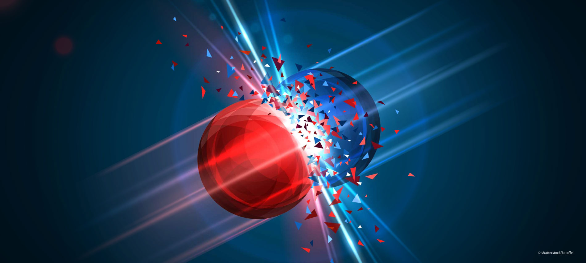 Red and blue particles collision. Vector illustration. Atom fusion, explosion concept. Abstract molecules impact. Atomic energy power blast, electrons protons collide.