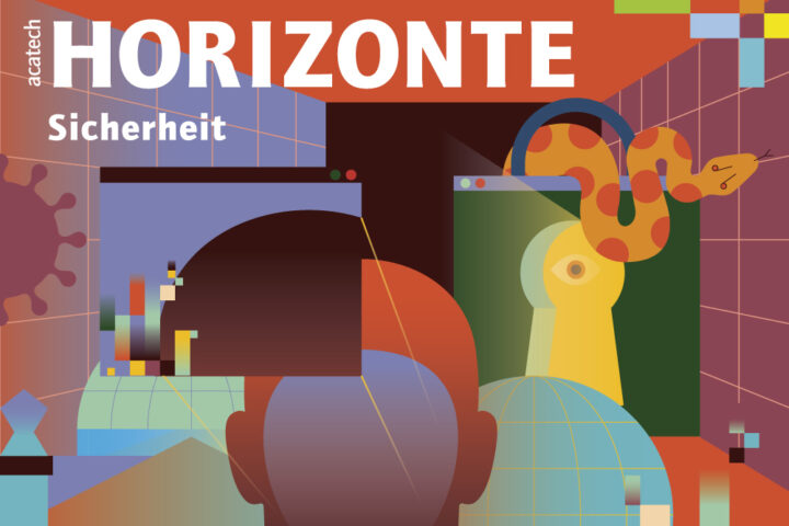 Cover of the HORIZONS Safety and Security publication. A snake, a keyhole, a virus and the head of a person are depicted in stylized form