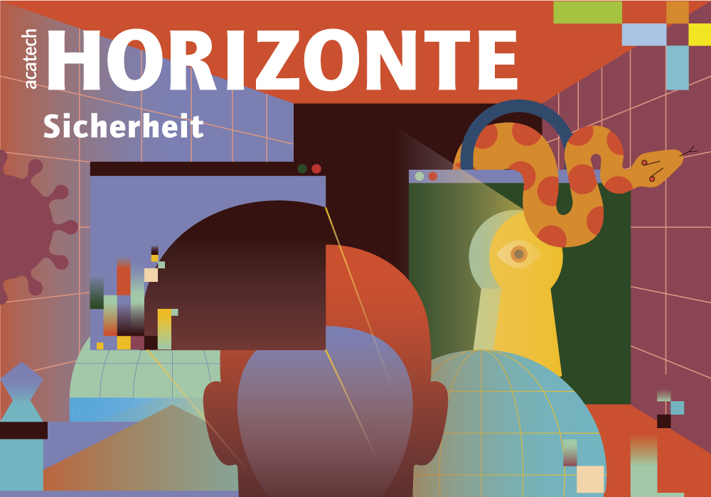 Cover of the HORIZONS Safety and Security publication. A snake, a keyhole, a virus and the head of a person are depicted in stylized form