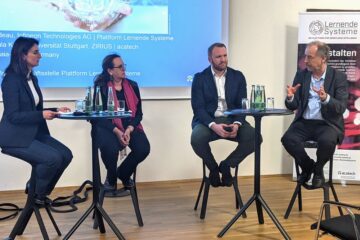 Detlef Houdeau, Jan Fischer, Cordula Kropp and moderator Erduana Wald (from right to left) on the podium at acatech am Dienstag.